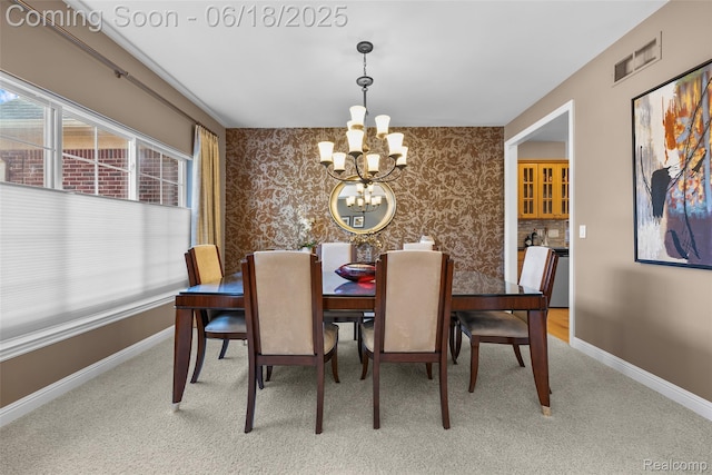 392 Gunston Ct, Troy, MI 48083 - dining space featuring a chandelier, light carpet, and wallpapered walls
