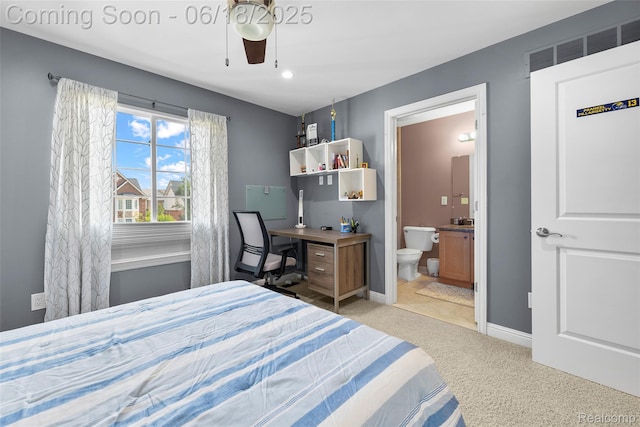 392 Gunston Ct, Troy, MI 48083 - bedroom with light colored carpet, connected bathroom, and recessed lighting