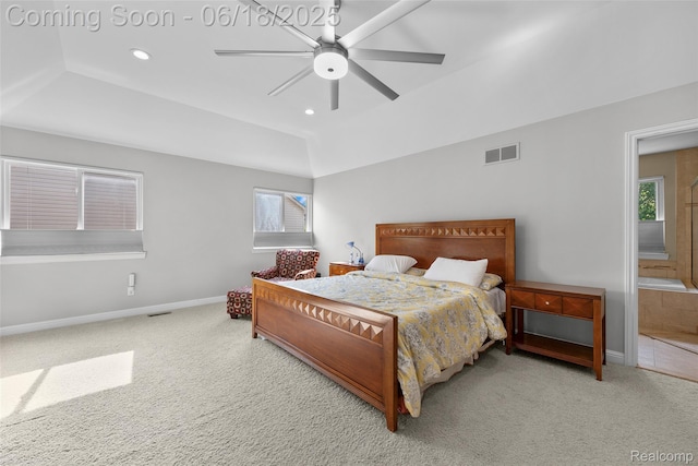 392 Gunston Ct, Troy, MI 48083 - carpeted bedroom with multiple windows, connected bathroom, recessed lighting, a ceiling fan, and lofted ceiling