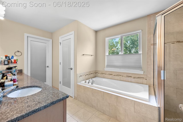392 Gunston Ct, Troy, MI 48083 - bathroom with a bath, vanity, tile patterned flooring, and tiled shower