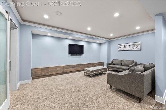 392 Gunston Ct, Troy, MI 48083 - carpeted living area with recessed lighting and a barn door
