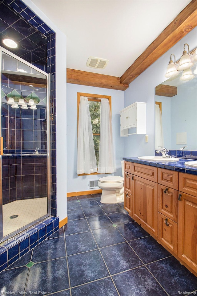 3278 Warner Rd, Howell, MI 48855 - bathroom featuring double vanity, tile patterned flooring, and a shower stall