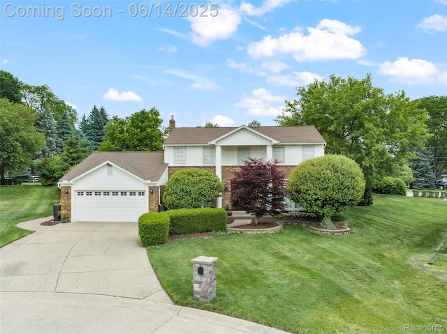 43115 Whisper Ct, Northville, MI 48168 - view of front facade featuring brick siding, an attached garage, a front lawn, concrete driveway, and a chimney