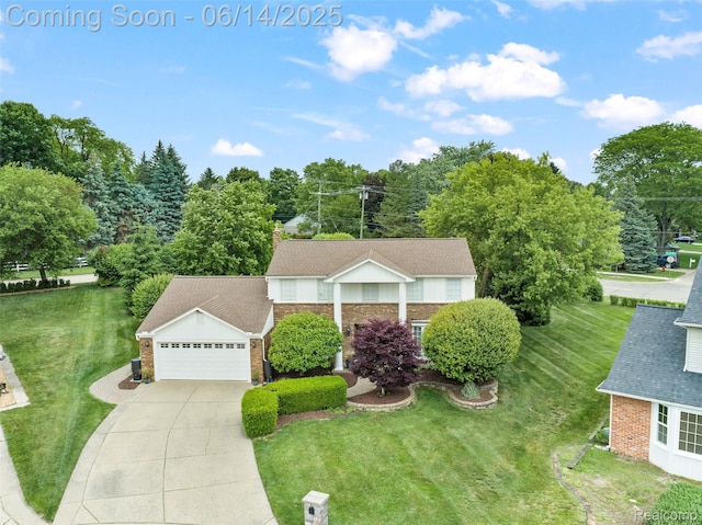 43115 Whisper Ct, Northville, MI 48168 - view of front of property featuring brick siding, a garage, a front lawn, and driveway