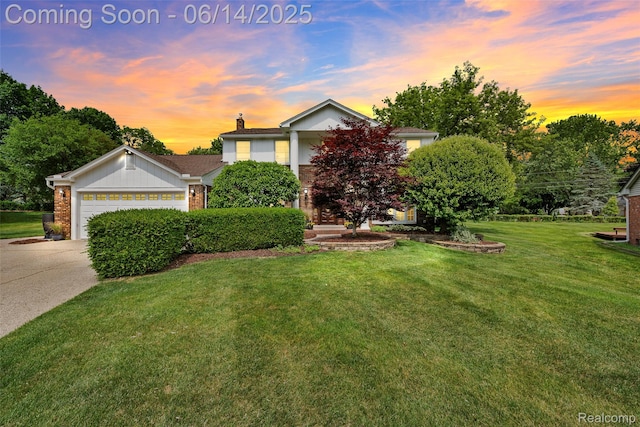 43115 Whisper Ct, Northville, MI 48168 - view of property hidden behind natural elements with a chimney, a front lawn, an attached garage, driveway, and brick siding
