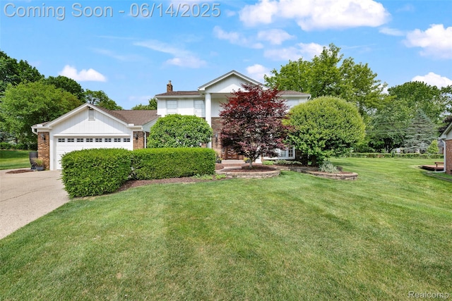 43115 Whisper Ct, Northville, MI 48168 - obstructed view of property with an attached garage, a front yard, a chimney, concrete driveway, and brick siding