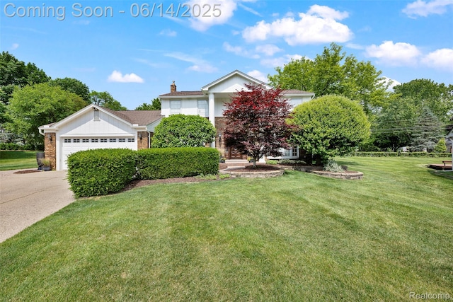 43115 Whisper Ct, Northville, MI 48168 - view of property hidden behind natural elements with an attached garage, a front yard, driveway, a chimney, and brick siding