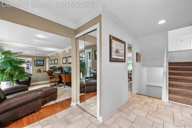 43115 Whisper Ct, Northville, MI 48168 - hall with an office area, healthy amount of natural light, crown molding, stairway, and recessed lighting