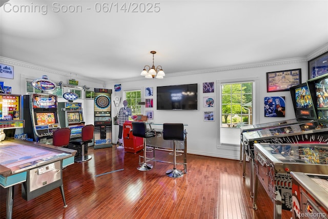 43115 Whisper Ct, Northville, MI 48168 - rec room featuring crown molding, healthy amount of natural light, a chandelier, hardwood / wood-style floors, and an office area