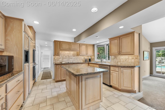 43115 Whisper Ct, Northville, MI 48168 - kitchen with stainless steel dishwasher, a center island, recessed lighting, and light brown cabinets