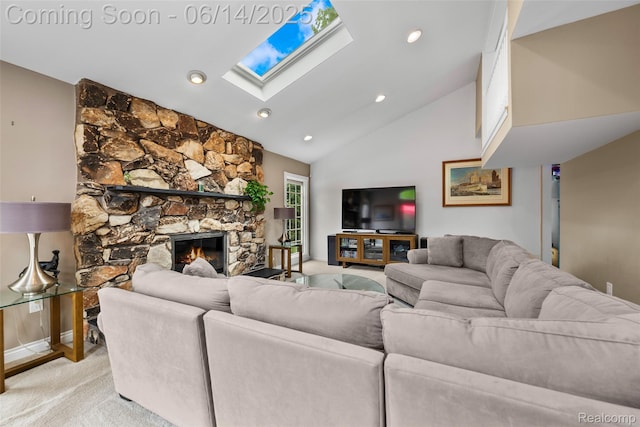 43115 Whisper Ct, Northville, MI 48168 - living area featuring a skylight, light colored carpet, a fireplace, recessed lighting, and high vaulted ceiling