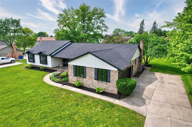507 Charing Cross Dr, Grand Blanc, MI 48439 - view of front of home featuring concrete driveway, a front lawn, brick siding, a chimney, and roof with shingles