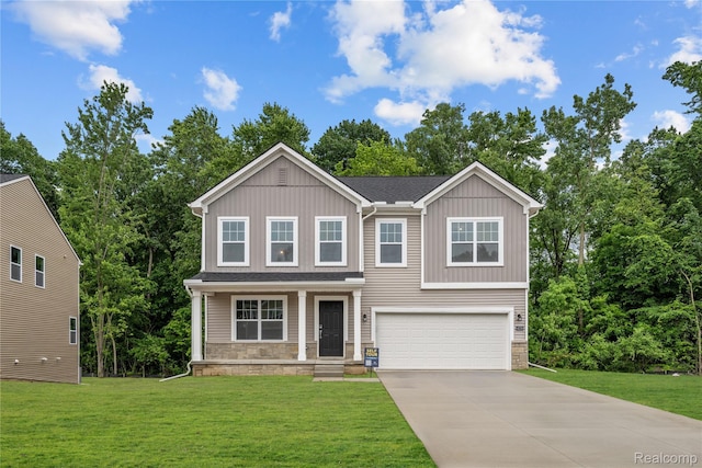 4278 Oak St, Grand Blanc, MI 48439 - view of front of property with a garage, driveway, stone siding, and a front lawn