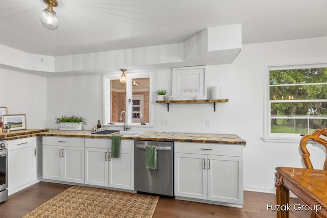 4733 136th Ave, Hamilton, MI 49419 - kitchen featuring stainless steel appliances, butcher block countertops, open shelves, white cabinetry, and dark wood finished floors