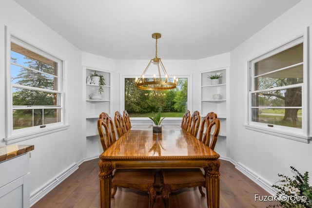 4733 136th Ave, Hamilton, MI 49419 - dining room featuring a chandelier, built in features, dark wood-style flooring, and healthy amount of natural light