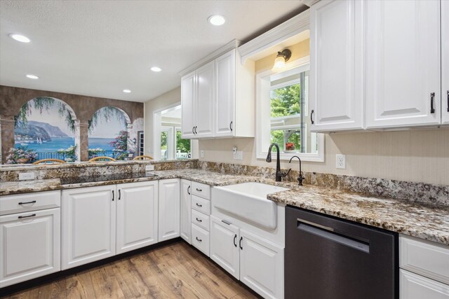30170 Beeson St, Dowagiac, MI 49047 - kitchen featuring dishwasher, plenty of natural light, wood finished floors, white cabinets, and recessed lighting