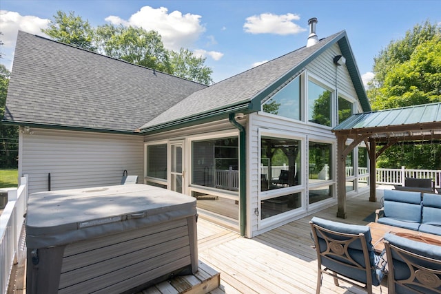 30170 Beeson St, Dowagiac, MI 49047 - wooden terrace with a hot tub, an outdoor hangout area, and a grill