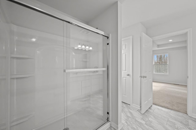 4286 Oak St, Grand Blanc, MI 48439 - full bathroom featuring a stall shower, recessed lighting, and marble look tiles