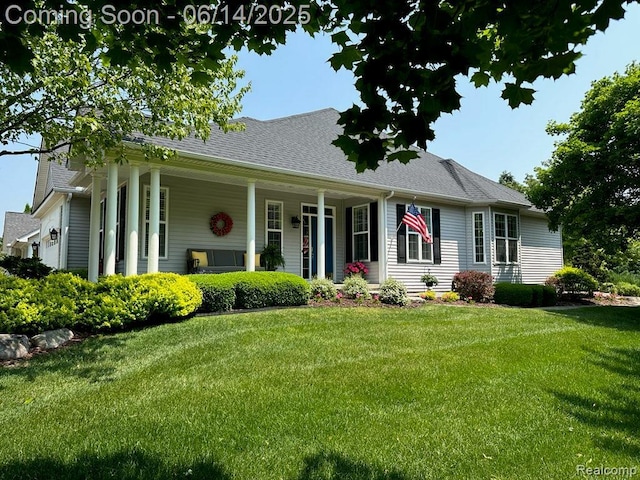 3839 Springwood Ct, Auburn Hills, MI 48326 - view of front facade featuring a front yard, covered porch, and a shingled roof