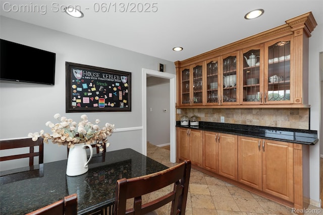 24960 S Cromwell Dr, Franklin, MI 48025 - bar with backsplash, recessed lighting, and stone tile flooring