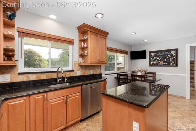 24960 S Cromwell Dr, Franklin, MI 48025 - kitchen featuring open shelves, stainless steel dishwasher, tasteful backsplash, dark stone countertops, and recessed lighting