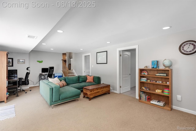 24960 S Cromwell Dr, Franklin, MI 48025 - living room featuring carpet flooring, an office area, recessed lighting, and stairway