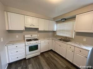 8889 Plainview Ave, Detroit, MI 48228 - kitchen featuring white gas stove, under cabinet range hood, white cabinets, and dark wood finished floors