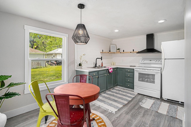 3515 Adams St, Kalamazoo, MI 49008 - kitchen featuring white appliances, wall chimney range hood, open shelves, light wood-style flooring, and light countertops