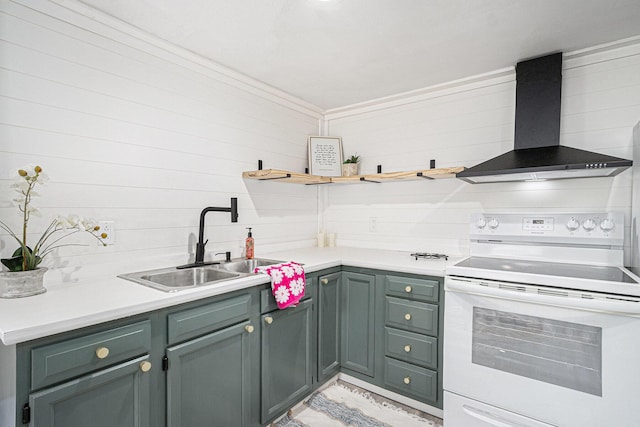3515 Adams St, Kalamazoo, MI 49008 - kitchen featuring white electric range oven, wall chimney exhaust hood, light countertops, open shelves, and wood walls
