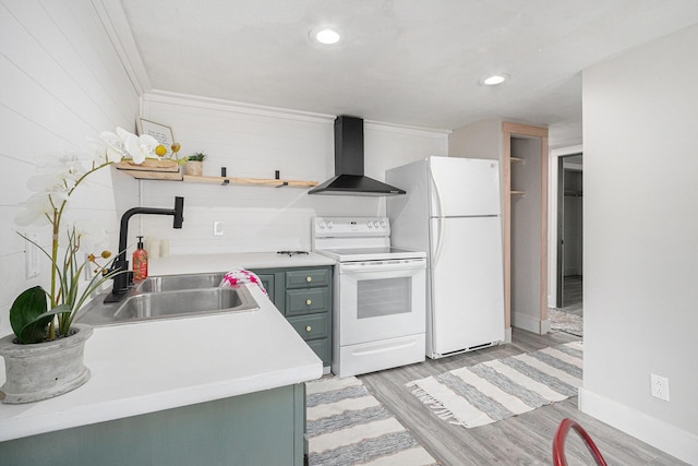 3515 Adams St, Kalamazoo, MI 49008 - kitchen featuring wall chimney exhaust hood, white appliances, light wood finished floors, open shelves, and light countertops