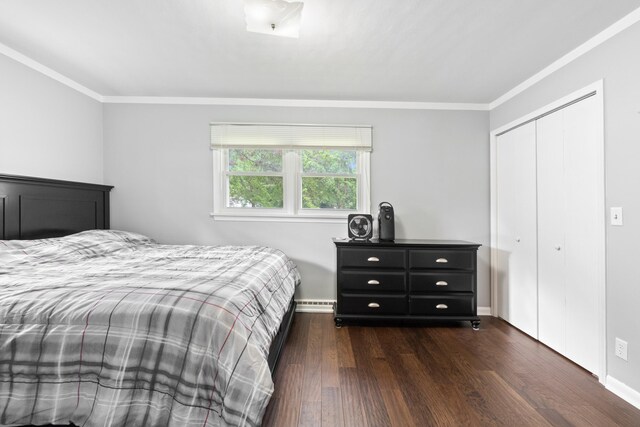 833 S Lansing St, Mason, MI 48854 - bedroom with dark wood-style floors, ornamental molding, a closet, and a baseboard radiator