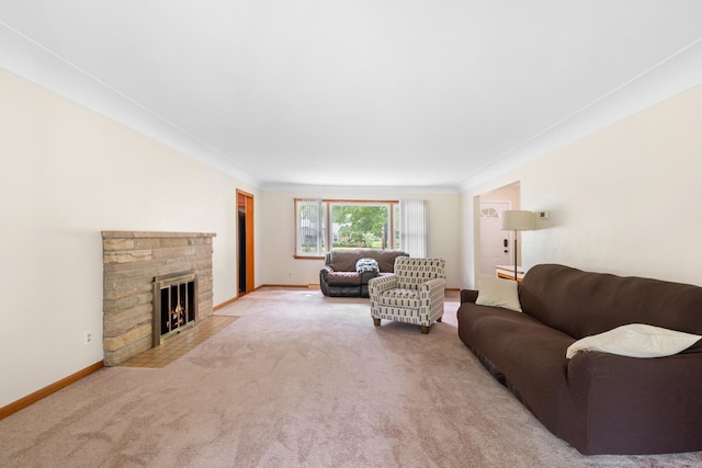 833 S Lansing St, Mason, MI 48854 - carpeted living area featuring a fireplace and ornamental molding