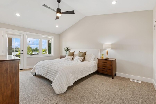 929 Harbor Dr E # 27, Saint Joseph, MI 49085 - bedroom featuring light colored carpet, lofted ceiling, recessed lighting, ceiling fan, and access to exterior