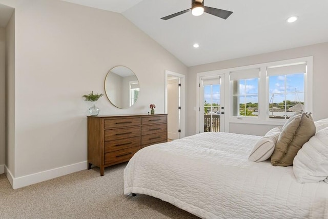 929 Harbor Dr E # 27, Saint Joseph, MI 49085 - bedroom featuring access to outside, vaulted ceiling, recessed lighting, ceiling fan, and light carpet