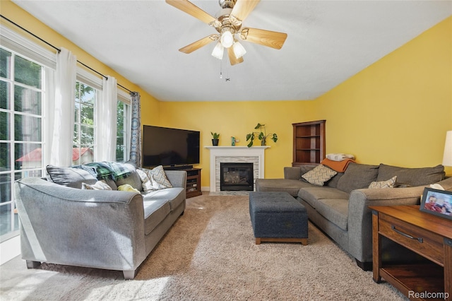 1614 Colorado St, Marysville, MI 48040 - living area featuring carpet, ceiling fan, and a fireplace with flush hearth