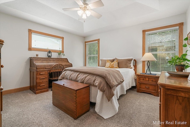 610 Riverwalk St Unit 18, Hastings, MI 49058 - bedroom featuring a tray ceiling, light colored carpet, and a ceiling fan
