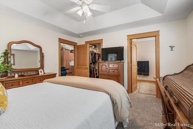 610 Riverwalk St Unit 18, Hastings, MI 49058 - bedroom with carpet flooring, a tray ceiling, a spacious closet, a closet, and connected bathroom