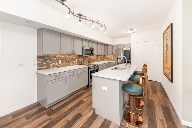 293 N 2nd St Unit 201, Brighton, MI 48116 - kitchen featuring gray cabinets, appliances with stainless steel finishes, and dark wood finished floors