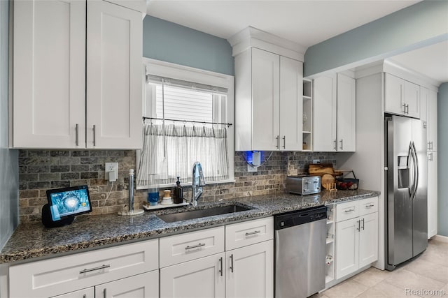 27728 Larchmont St, Saint Clair Shores, MI 48081 - kitchen with stainless steel appliances, open shelves, white cabinetry, dark stone counters, and backsplash