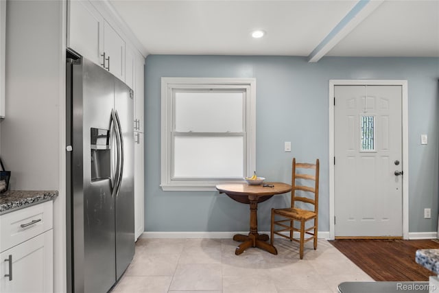 27728 Larchmont St, Saint Clair Shores, MI 48081 - kitchen featuring stainless steel fridge with ice dispenser, dark stone counters, recessed lighting, and white cabinets