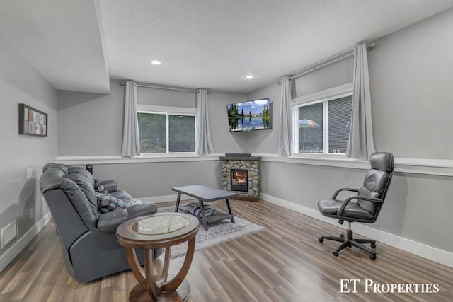 12150 W Devis Rd, West Olive, MI 49460 - living area with wood finished floors, a stone fireplace, and recessed lighting