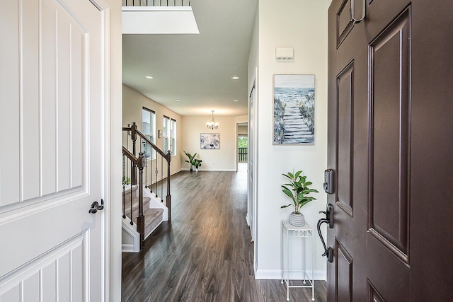 2767 St Regis Way, Ann Arbor, MI 48105 - entrance foyer with stairs, dark wood-style floors, a chandelier, and recessed lighting