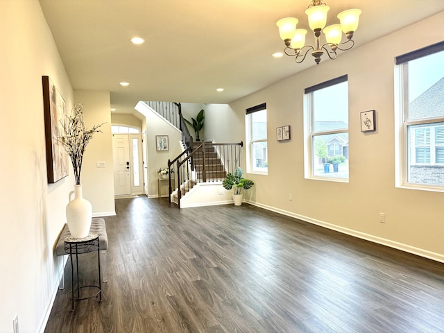 2767 St Regis Way, Ann Arbor, MI 48105 - entryway with stairs, dark wood-type flooring, recessed lighting, and a chandelier