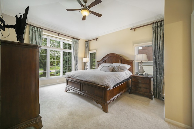 712 Dornoch Dr, Ann Arbor, MI 48103 - bedroom featuring light colored carpet, crown molding, a ceiling fan, and vaulted ceiling