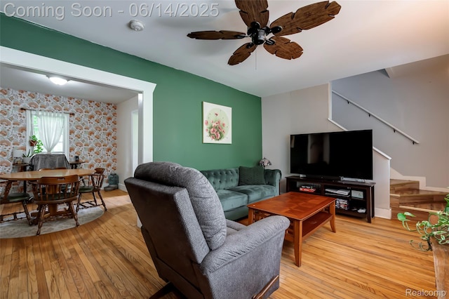 1217 E Madge Ave, Hazel Park, MI 48030 - living room with a ceiling fan, stairs, and light wood-style flooring