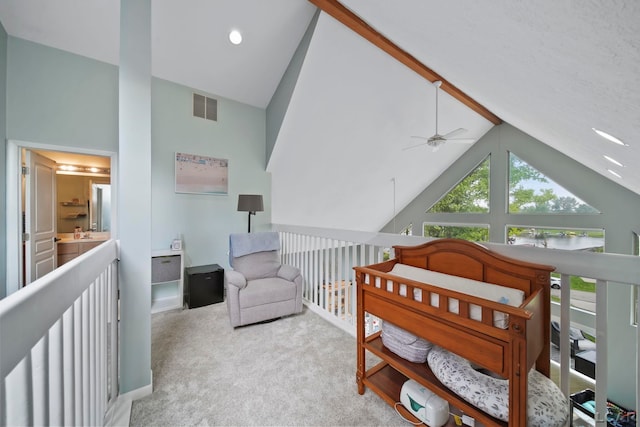 13832 Grandview Dr, Cement City, MI 49233 - bedroom featuring high vaulted ceiling, carpet, beam ceiling, and a crib
