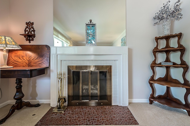 2104 Winchell Dr, Ann Arbor, MI 48104 - detailed view of a fireplace with flush hearth and carpet flooring