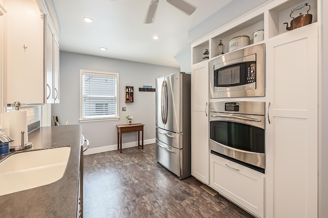 2104 Winchell Dr, Ann Arbor, MI 48104 - kitchen with stainless steel appliances, white cabinets, open shelves, a ceiling fan, and recessed lighting