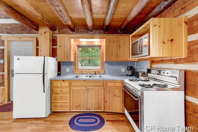 8607 S Ferris Ave, Newaygo, MI 49337 - kitchen featuring white appliances, light wood-style flooring, light countertops, a wood ceiling with exposed beams, and light brown cabinetry