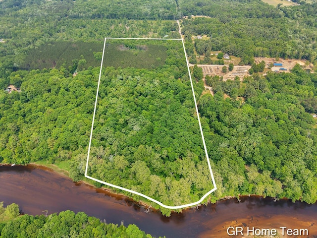 8607 S Ferris Ave, Newaygo, MI 49337 - aerial overview of property's location featuring a nearby body of water and property parcel outlined